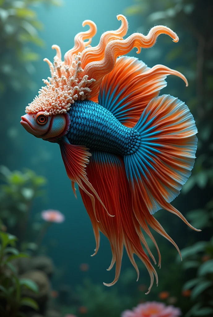 Betta fish with flowerhorn head.