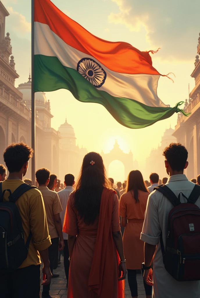 I want photo like everyone is looking proudly toward Indian national flag