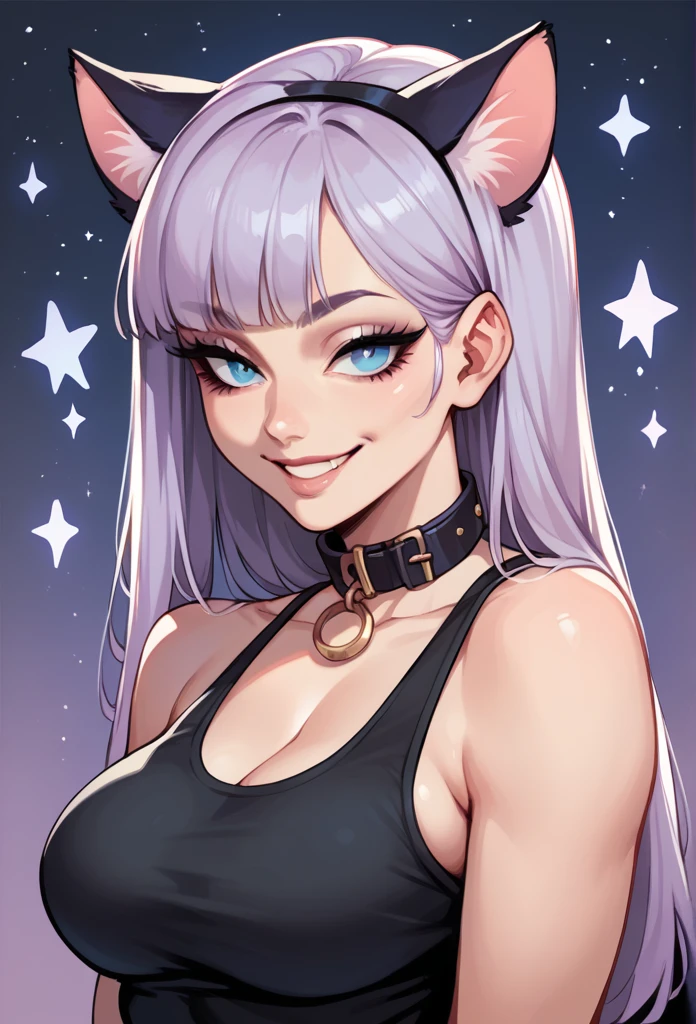 1girl, cat ears, long hair, bangs, light purple hair, gorgeous blue eyes, 1 purple cat tail, eyeliner, long lashes, collar, black low cut tank top, breasts, starry background, big smile, half body