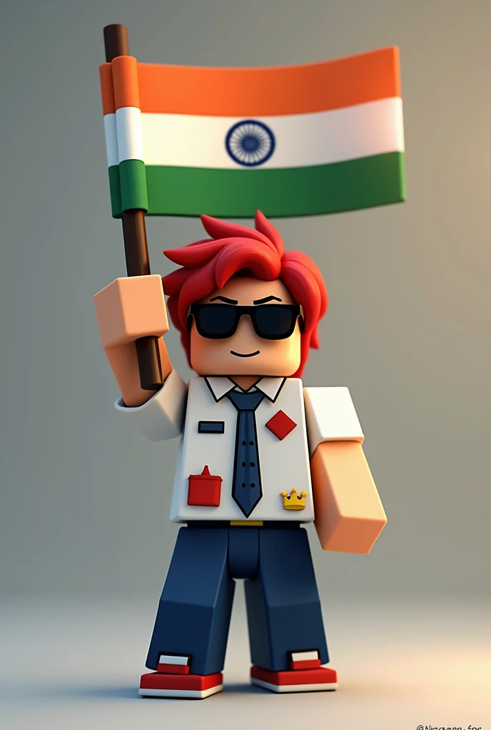 A Minecraft boy waving Indian flag with respect wearing white t shirt with dark blue shirt and tie with dark blue pants all clothess have red patches with crown and black sunglasses with red hair
