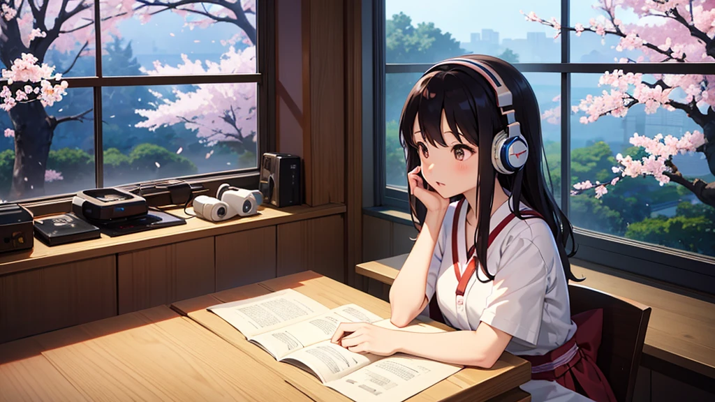 In the style of Japanese Studio Ghibli animation、studying while listening to music through her headphones、Lighting is warm、Outside the large window, cherry blossoms are blooming wildly.、Their hair color is black or brown.
