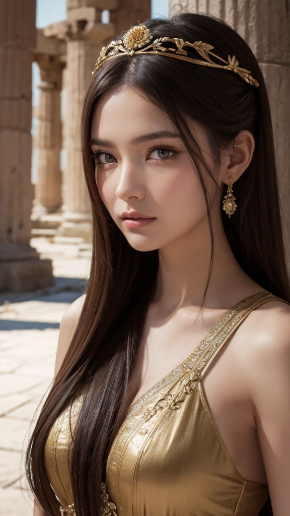 Artemis, the Greek goddess standing amidst ancient ruins, is realistically rendered down to the smallest detail. Close-up of her face