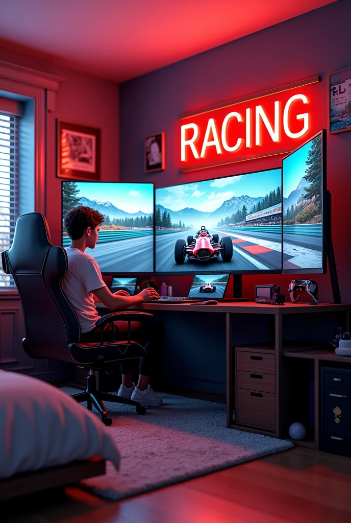 racing simulator, bed, closet, chair, room, racing car, picture RACING, computers, bedroom, 3D, medium room