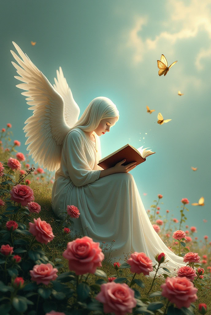 The faceless soul with wings reading a book with roses of various colors and butterflies in her mind, she is on a hill..