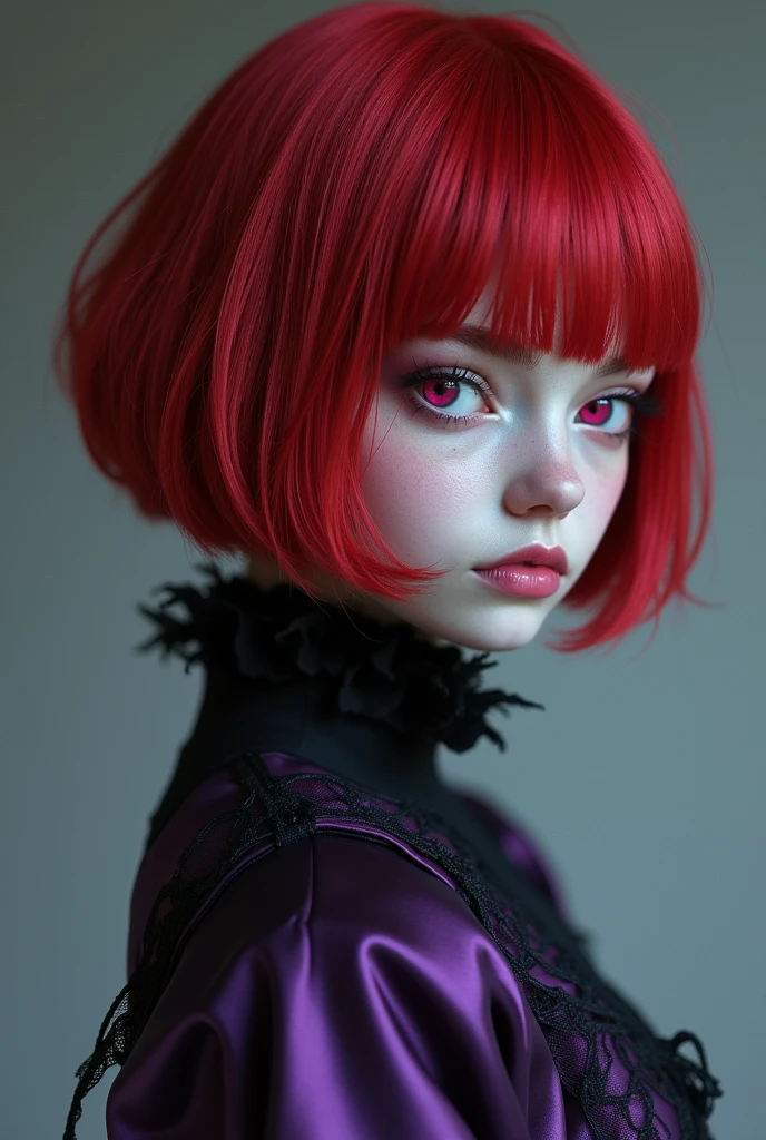 19-year-old girl with pale white skin, bright blood red short hair, With Nordic features
, pink eyes, cold and indifferent And boring, look, wearing a purple gothic short dress