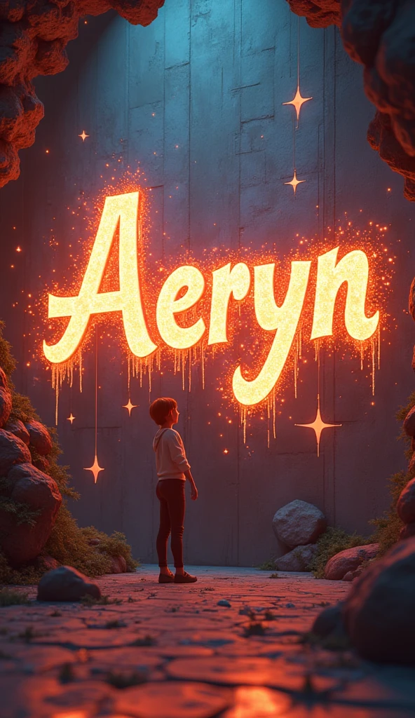 A mesmerizing, hyper-realistic 16K 3D illustration captures a magical moment of pure creativity. In a fantasy realm, a giant message is sketched, "Aeryn ", In a wall. El texto está compuesto de Vibrants Estrellas de color sepia que transitan suavemente por todo el espectro.. a transparent pen filled with radiant stars, it's exquisitely detailed, symbolizing unlimited creativity and imagination. The background is a three-dimensional sketch wall with elements scattered everywhere., adding depth and dimension to this captivating, GAMEffiti-inspired scene. The illustration radiates energy, motion, and Vibrant colors, making it a true work of art that celebrates creativity and imagination.., GAME, cinematographic, Vibrant, GAMEffiti, chart, typoGAMEphy, product, illustration, Photo, 3d rendering, fashion, dark fantasy