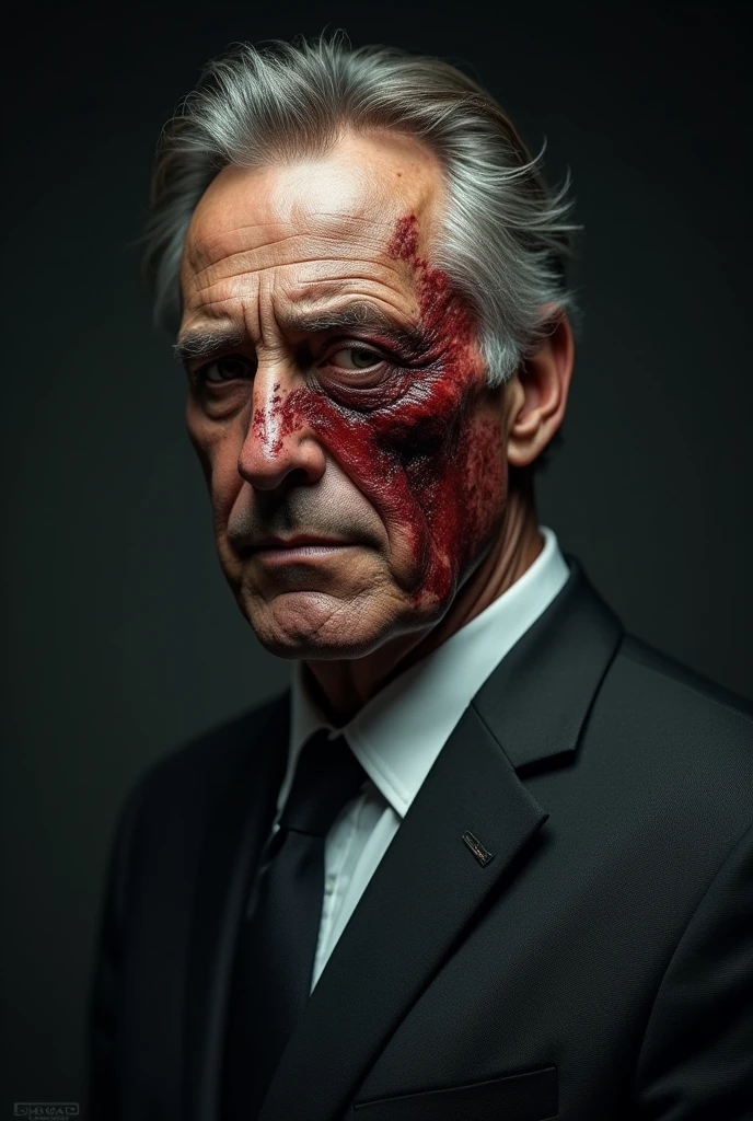 Pablo Marçal in a suit with one side of his face all bruised 