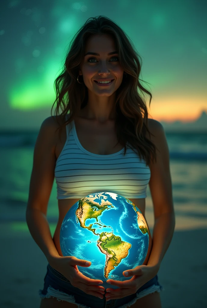 (Canon 50),(Rendered by octane),8k, seducer, symmetrical face, Dramatic cinematic lighting,  hyper realist, spirited, 1womanl, she's pregnant, She's wearing a white tank top with thin black horizontal stripes., on the belly there is an extremely realistic print of planet earth in the shape of a globe, at the bottom and around the belly a strong white light shines, expanding towards yellow, she holds her belly with both hands, she has long brown slightly wavy hair, your facial expression is one of satisfaction and joy, with a slight smile on his face conveying hope, above it there is a very bright green light. But in the background, an image of the sea on a starry night