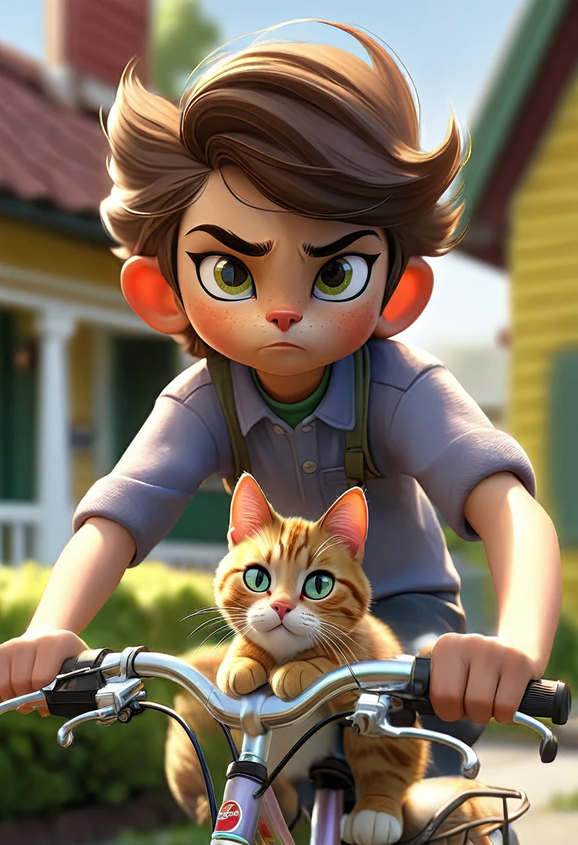 a boy riding a bicycle with a large tabby cat wearing goggles in the front basket, the cat looks calm and enjoying the breeze, the scene is set in a bright suburban neighborhood in 1970s America, (best quality,4k,8k,highres,masterpiece:1.2),ultra-detailed,(realistic,photorealistic,photo-realistic:1.37),highly detailed portrait, extremely detailed facial features, beautiful detailed eyes, beautiful detailed lips, extremely detailed eyes and face, tongue-lashes, 1boy, 1cat, colorful, vibrant colors, natural lighting, golden hour, idyllic suburban landscape, detailed architecture, lush greenery, photorealistic, concept art, The sense of speed needs to be emphasized more, the cat needs to be the boss and be bossy, and the cat needs to have goggles on its forehead. 3Danime.