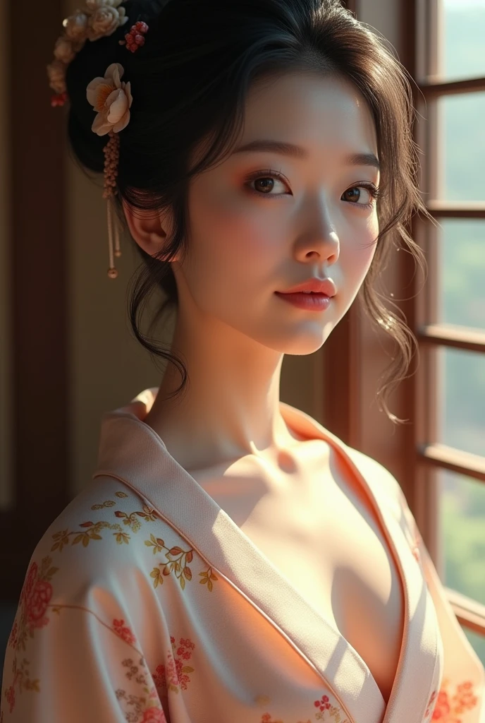 An elegantly dressed Japanese woman in natural light、A close-up of her chest and calm expression.、It shows her inner peace and outer charm.。