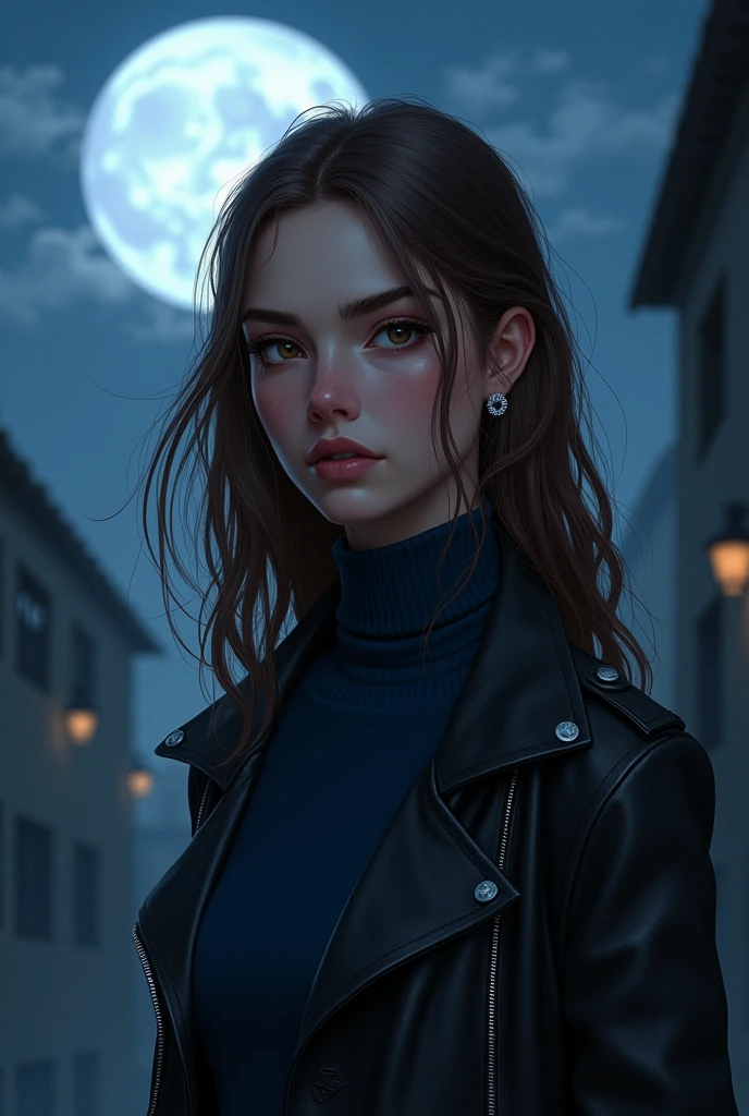 Young Brazilian human fascinated by Greek mythology and supernatural creatures, deep connection with the dark forces of the night, A horror RPG, mystery and investigation set in modern times, the basic image, occultist, medium-long fringe hair, light brown hair color, very fair skin, at night with the moon, wearing a navy blue long sleeve turtleneck shirt, leather jacket, outgoing, Art cardboard, mysterious, 耳环, Paranormal order Cellbit, rounded face