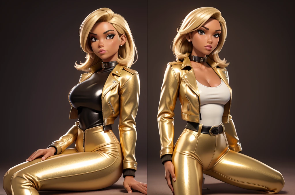 obra prima, melhor qualidade, ((only one woman,)) ((angie dickinson, dark tan skin, blonde bob hair,)) erect cone tits, ((wearing shiny gold leather biker moto jacket,)) ((jacket has padded shoulders, jacket has stiff high collar,)) (((wearing shiny gold leather pants,))) body is very skinny, ((laying down, resting on one hip,)) ((camera back of body view,)) shallow depth of field, highres, HD, 8k, anatomically correct