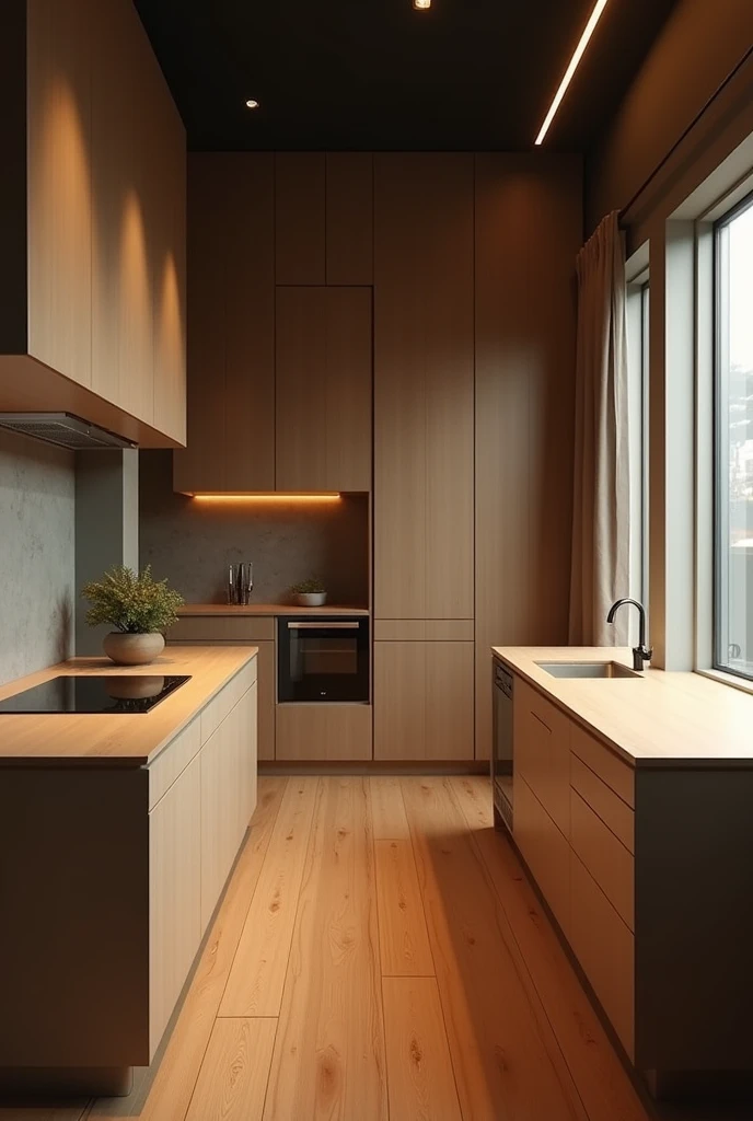 Could you provide me with images of a modern kitchen?, with just the wooden floor, only two tables in parallel with a countertop different in color to the furniture, light-colored melamine furniture with a transparent door between the side area of one side of the tables.
Dimly lit area