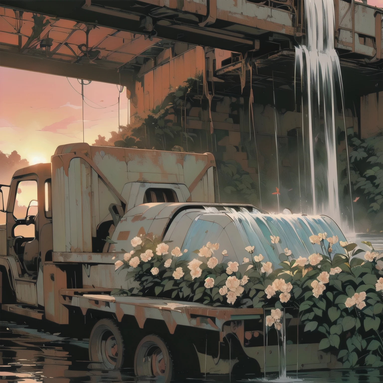 (((Masterpiece, Top Quality))), (((32K wallpaper))), detailed machinery, abandoned factory, stairwell, (((white flower field))), (((rusty white heavy truck))), gorgeous light leak, (((backlit))), detailed background, top quality, (((no humans))), collapsed heavy machinery, complex heavy machinery, pale lighting, (((very dull color )))), (((detailed rusty heavy truck))), (((lots of white flowers falling))), (((flowers growing out of rusty heavy truck))), (((lots of butterflies))), (((abandoned garage))), (((submerged))), (((waterfall falling from ceiling))), (((waterfall on heavy truck)))), (((( Bright red sunset))), (((detailed waterfall and water))), (((close up of heavy truck))