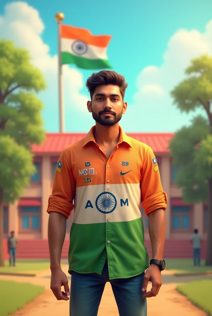 A 30 years old man celebrating indipendance day, with national flag of Bharat, in front of village School and he is wearing a shirt print is like Bharat flag and " AMJAD " and 15 number and independence day in small written on it's back in big and bold fonts, 3d illustration.