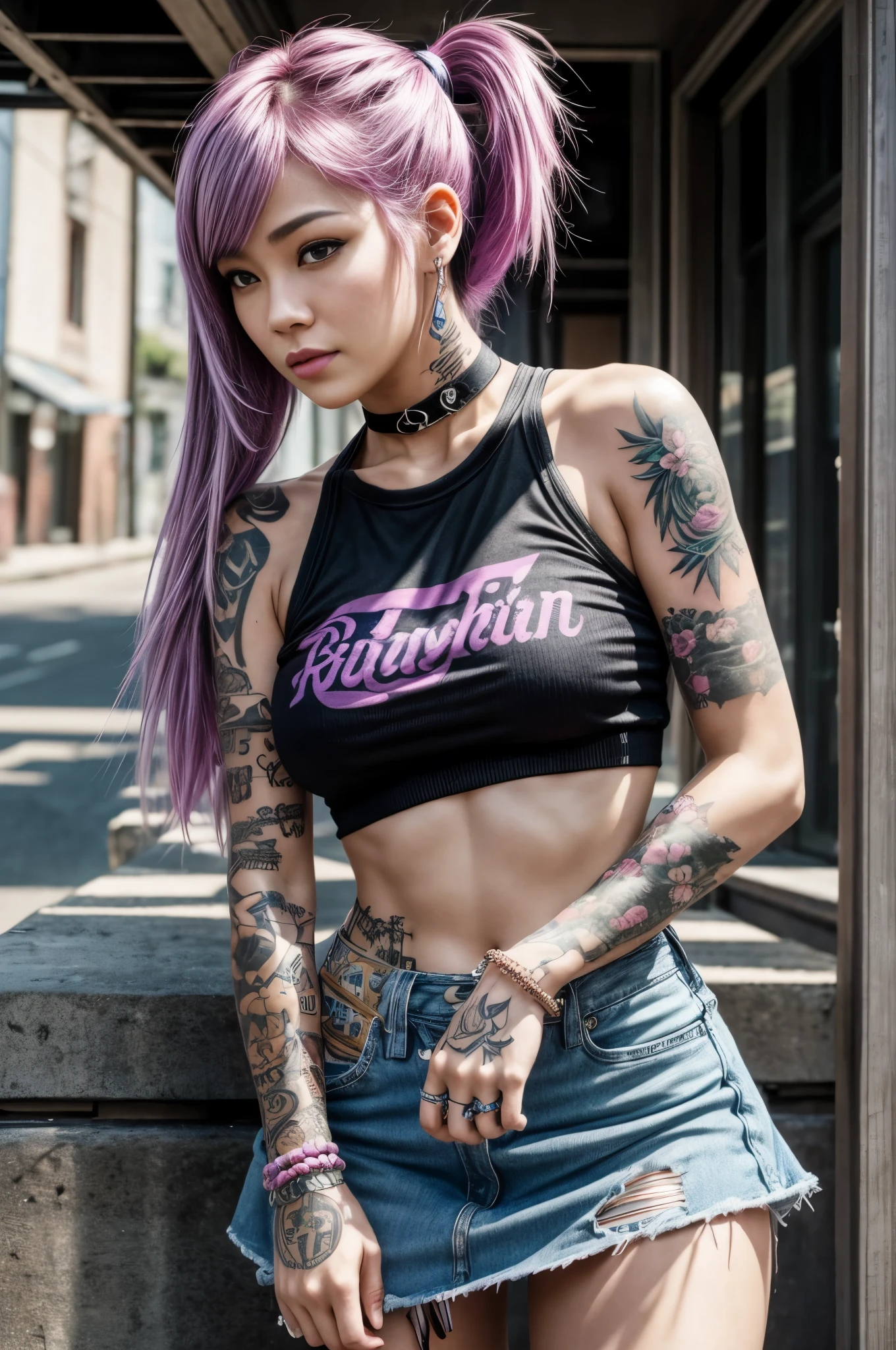Best quality, photorealistic, 8k, masterpiece, A woman with a tattoo on her arm and a bag on her shoulder, tattoo sleeve on her right arm and neck, of taiwanese girl with tattoos, tattoos and piercings, beautiful female punk,pink and purple hair, choker, heavy bracelets, pastel clothes, taiwanese, miniskirt, pink tank top, bright sunny day, feral grin, heavily saturated photo