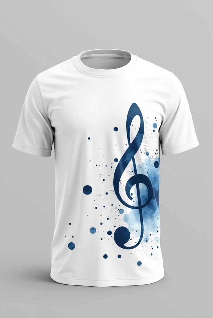 realistic
a white t-shirt mockup front and back with dark blue musical notes accompanied by some details like geometric shapes scattered across the t-shirt with watercolor effect