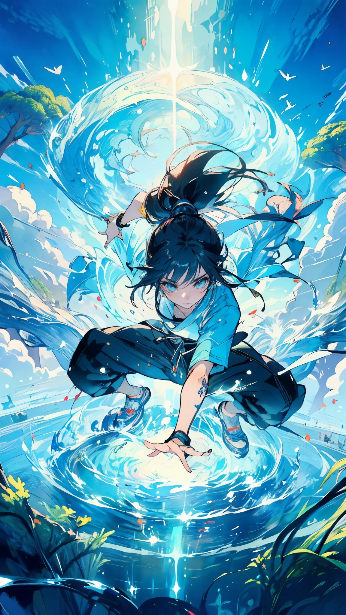 (high quality), (masterpiece), (detailed), 8K, (Teenage girl1.3) balanced in a (powerful martial art stance1.4), slams her palm into the ground during a (mystical Ceremonia1.3). The earth responds with (ripples of energy1.4) that echo through the (dream-like landscape1.3), creating a (surreal, dynamic scene1.4). (Otherworldly lighting1.2) enhances the atmosphere. (high quality), (masterpiece), (detailed), 8K, Anime style character with (cool and edgy tattoos1.3), dressed in (fashionable clothing1.2), posing confidently. Expression fierce, stylish accessory coiled around arm. Thicker outlines emphasize striking, modern fashion, vibrant palette enhances scene.