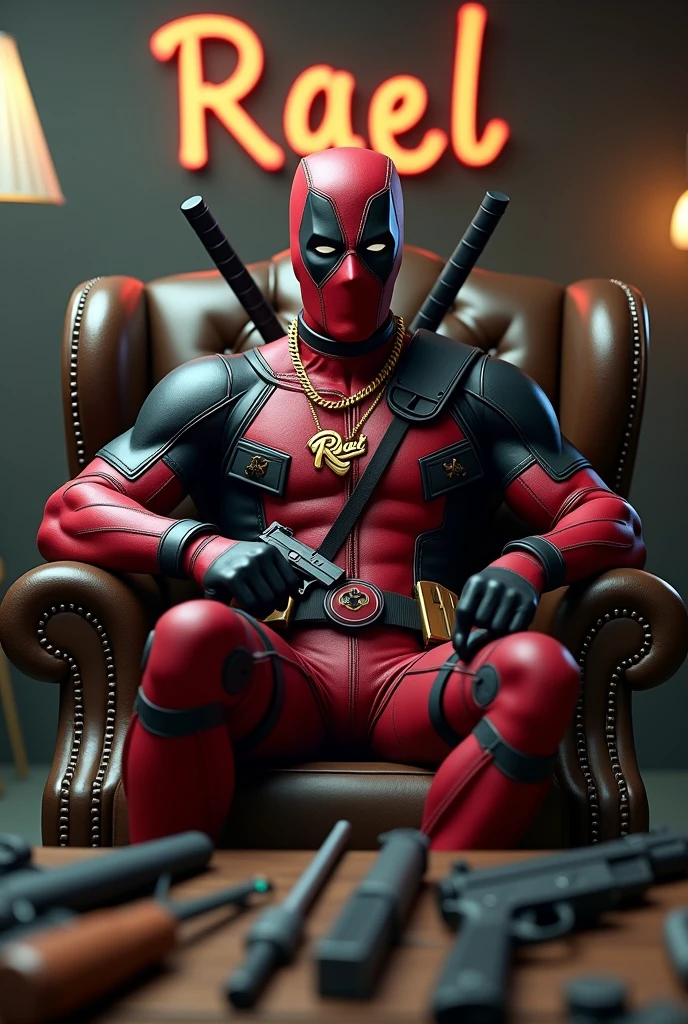 Generate a high-quality 3D photo of Deadpool sitting in an armchair with a gun in his hand and a table in front of him with weapons on top of the table, wearing a gold chain around his neck with "Rael" written in the middle of the chain, and "Rael" written behind Deadpool.