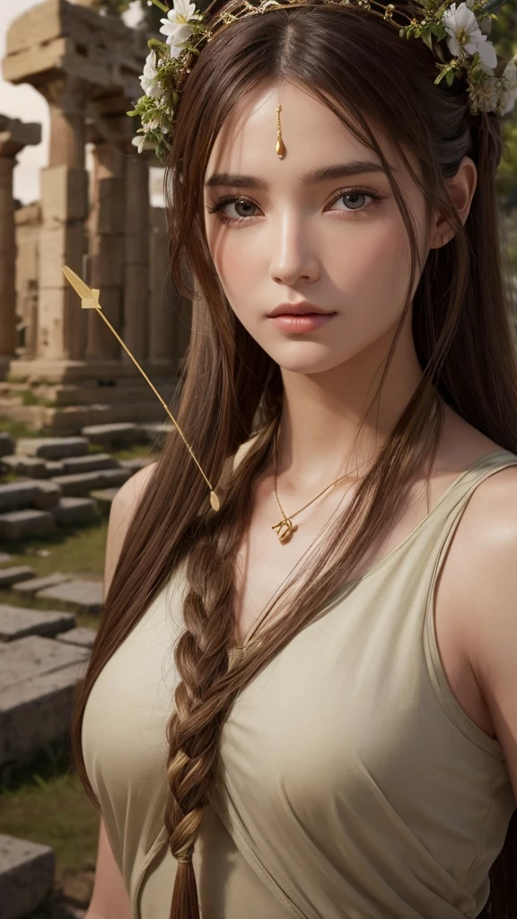Artemis, the Greek goddess standing amidst ancient ruins, is realistically rendered down to the smallest detail. Close-up of her face, with arrow