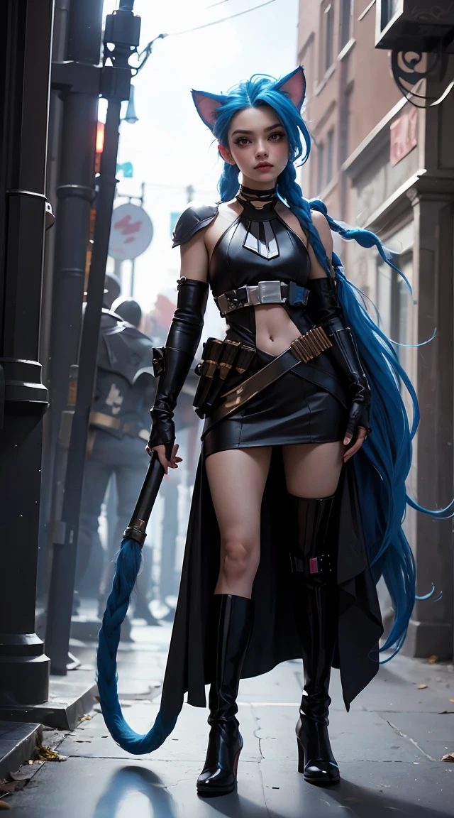 Jinx League of Legends and Darth Vader with cat ears stand next to each other in full height