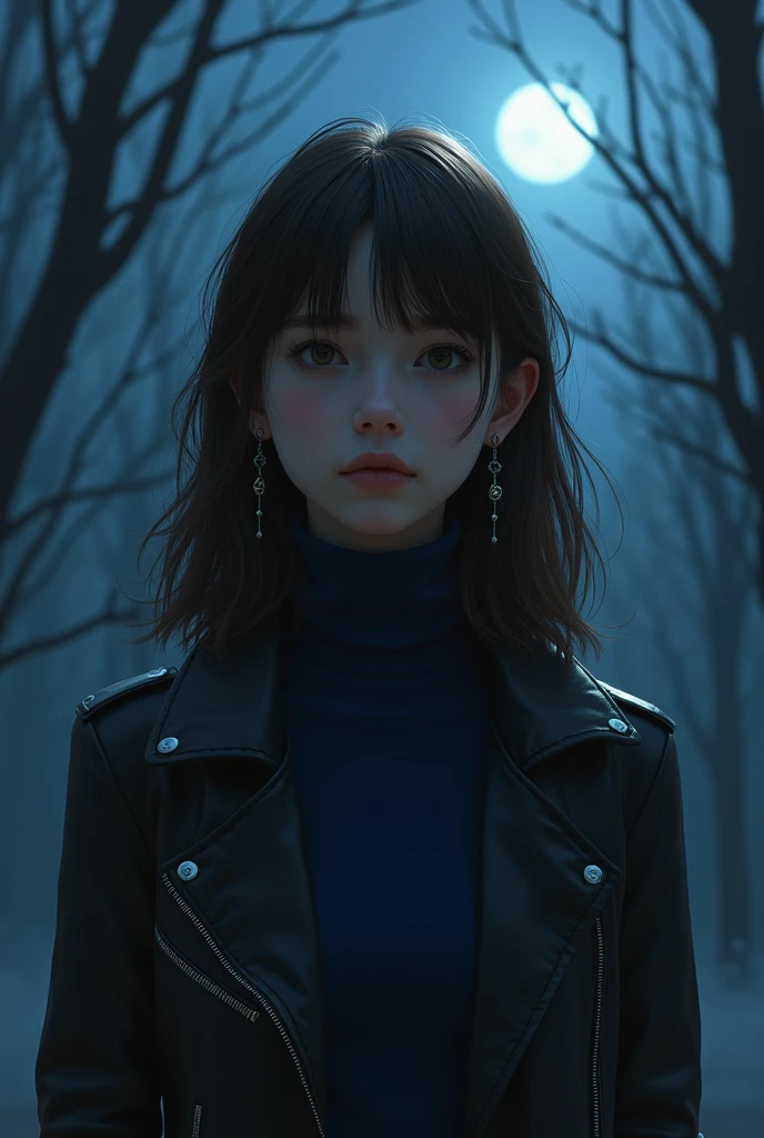 Young Brazilian human fascinated by Greek mythology and supernatural creatures, deep connection with the dark forces of the night, A horror RPG, mystery and investigation set in modern times, the basic image, occultist, medium-long fringe hair, light brown hair color, very fair skin, at night with the moon, wearing a navy blue long sleeve turtleneck shirt, leather jacket, outgoing, Art cardboard, mysterious, 耳环, Paranormal order Cellbit, rounded face 