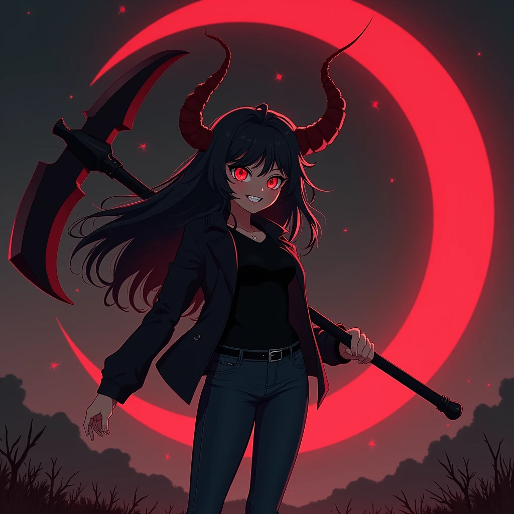 jeans、Black jacket、15 years old、Big Breasts、Anime Style、Long Black Hair、Red eyes、Large devil-like horns from the head、The background is a large red crescent moon、The ground is barren、Smiling with teeth bared in a psychopathic way、In one hand, he held a sickle as tall as a man.、cute、The sickle has a larger blade.