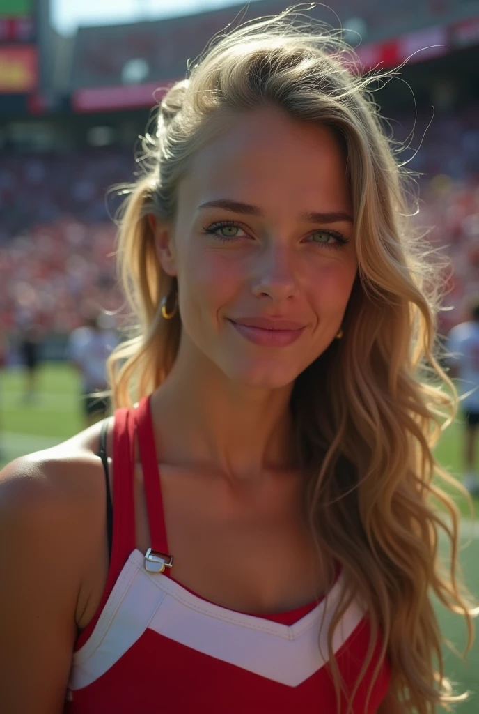 A sexy cheerleader at a football game looking sad. Crying. Runny mascara