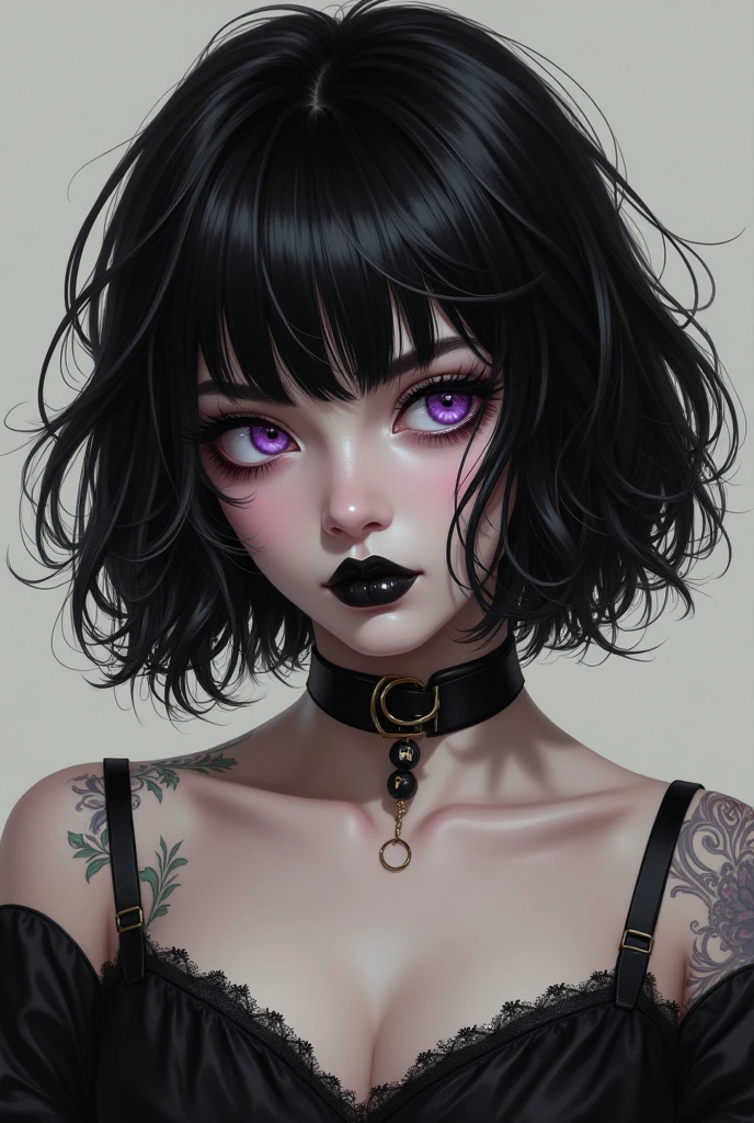 masterpiece,(best quality,top quality,8k),illustration,painting,detailed eyes and face,(1girl), purple eyes, black hair, messy hair, short hair, hair between eyes,(tatto:1.2), pixie cut, goth, gothic, choker, black lips, (black dress:1.2), pretty girl, beauty skin, ultra high res, raw photo , detailed body ,(puffy eyes) ,good contrast , high sharpness,(gorgeous),realistic,RAW Photography,(hyperdetailed:1.2)