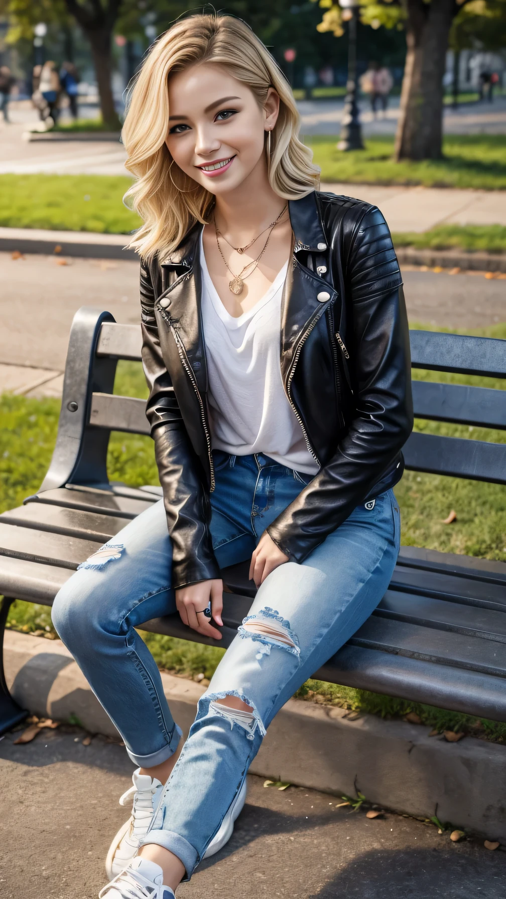 Super Resolution、Beautiful Russian Women、Full body photo、sitting on a park bench、short hair、Blonde、Wavy Hair、ear piercing、necklace、leather jacket、shirt、Skinny jeans、sneakers、smile、Beautiful teeth alignment