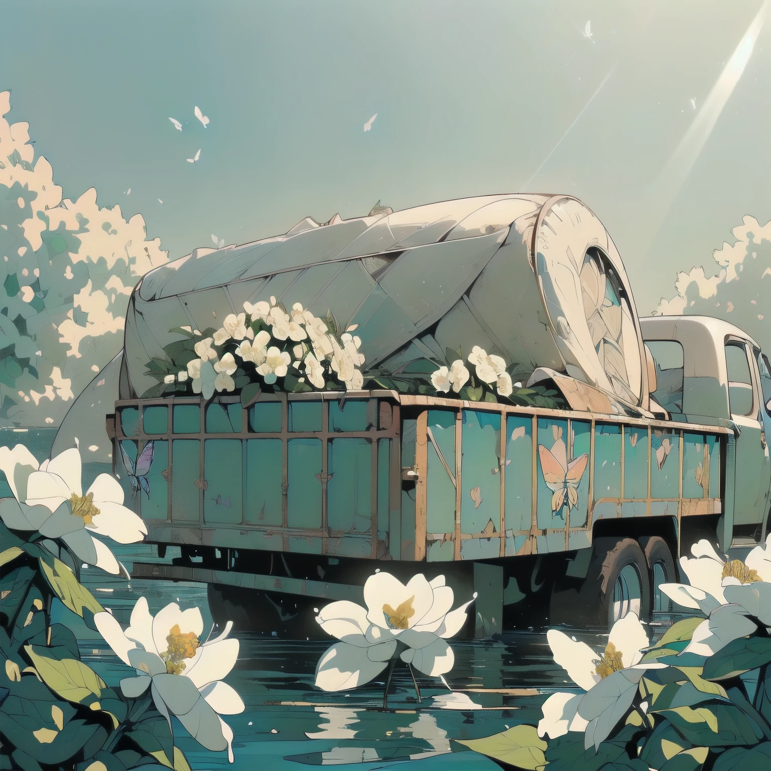 (((Masterpiece, top quality))), (((32K wallpaper))), ultra high resolution, (((close-up))), gorgeous light leak, (((backlit))), highly detailed background, top quality, (((no humans))), highly transparent river, (((extremely detailed rusty heavy truck with many white flowers)),  (((( very dull color )))), (((( white flowers in the water))), (((Colorful butterfly))),(((Strong light shines in)))