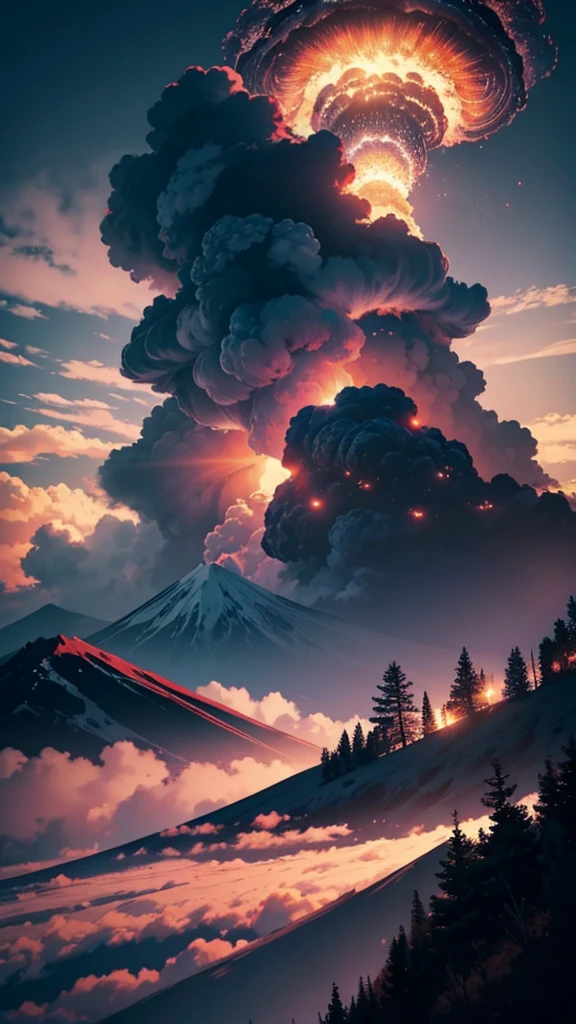 The scene mountains in mauve color with color full clouds. The sky should be rendered in a nearly realistic, almost nighttime setting.” aThe atomic bomb exploded on Mt. Fuji, forming a black and gray mushroom cloud, spectacular scenes, stunning scenery, realistic, authentic textures, ultra-high definition ultra-high resolution, stunning photos taken by professional cameras, octane rendering, volumetric lighting, world-famous award-winning works, unparalleled masterpieces