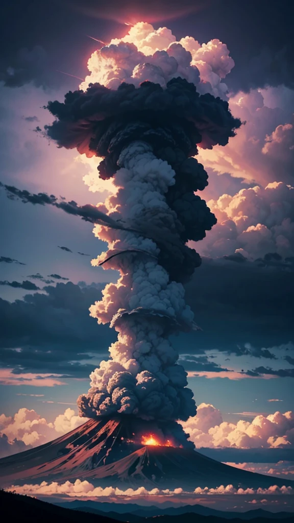 The scene mountains in mauve color with color full clouds. The sky should be rendered in a nearly realistic, almost nighttime setting.” aThe atomic bomb exploded on Mt. Fuji, forming a black and gray mushroom cloud, spectacular scenes, stunning scenery, realistic, authentic textures, ultra-high definition ultra-high resolution, stunning photos taken by professional cameras, octane rendering, volumetric lighting, world-famous award-winning works, unparalleled masterpieces