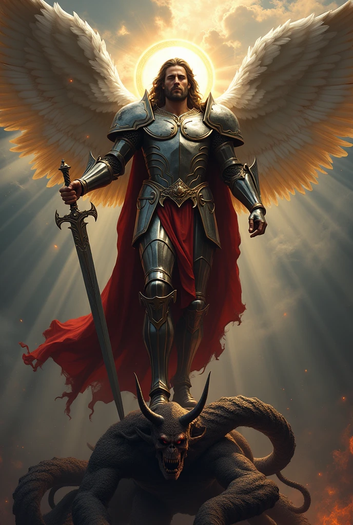 Image of Saint Michael the Archangel stepping on Satan's head. A style as realistic as possible.