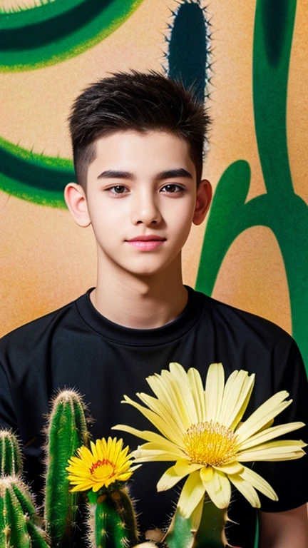 real art ,top quality, masterpiece, ultra high resolution, realistic , excellent photo, abstract background, detailed , 1 boy, 18 year old, good looking ,The cactus is blooming next to the boy. !