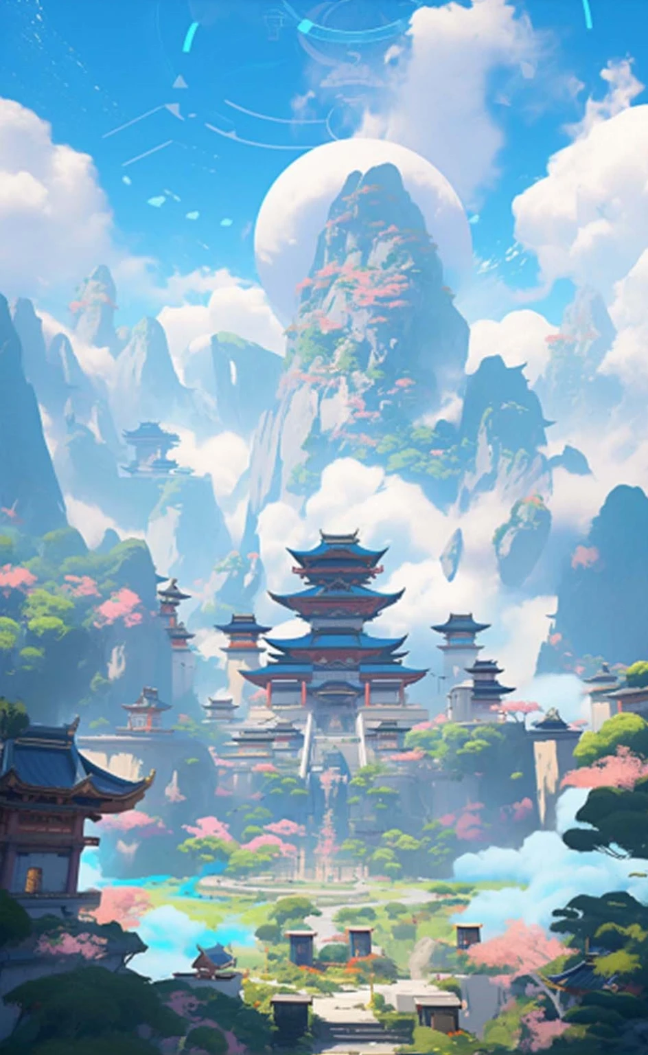 best quality, high resolution, 32K,Digital painting of a landscape with mountains and trees in the background, and a sky with clouds and towers., Anton Padef, League of Legends concept art, detailed matte painting, fantasy art.