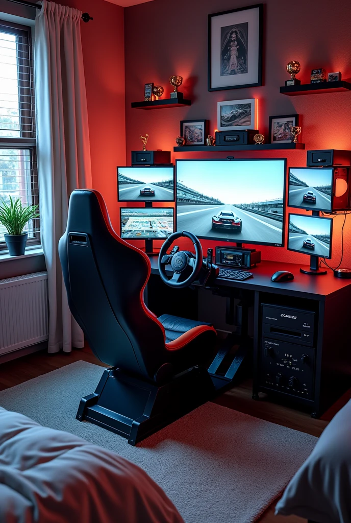racing simulator, bed, closet, chair, room, racing car, picture RACING, computers, bedroom, 3D, medium room