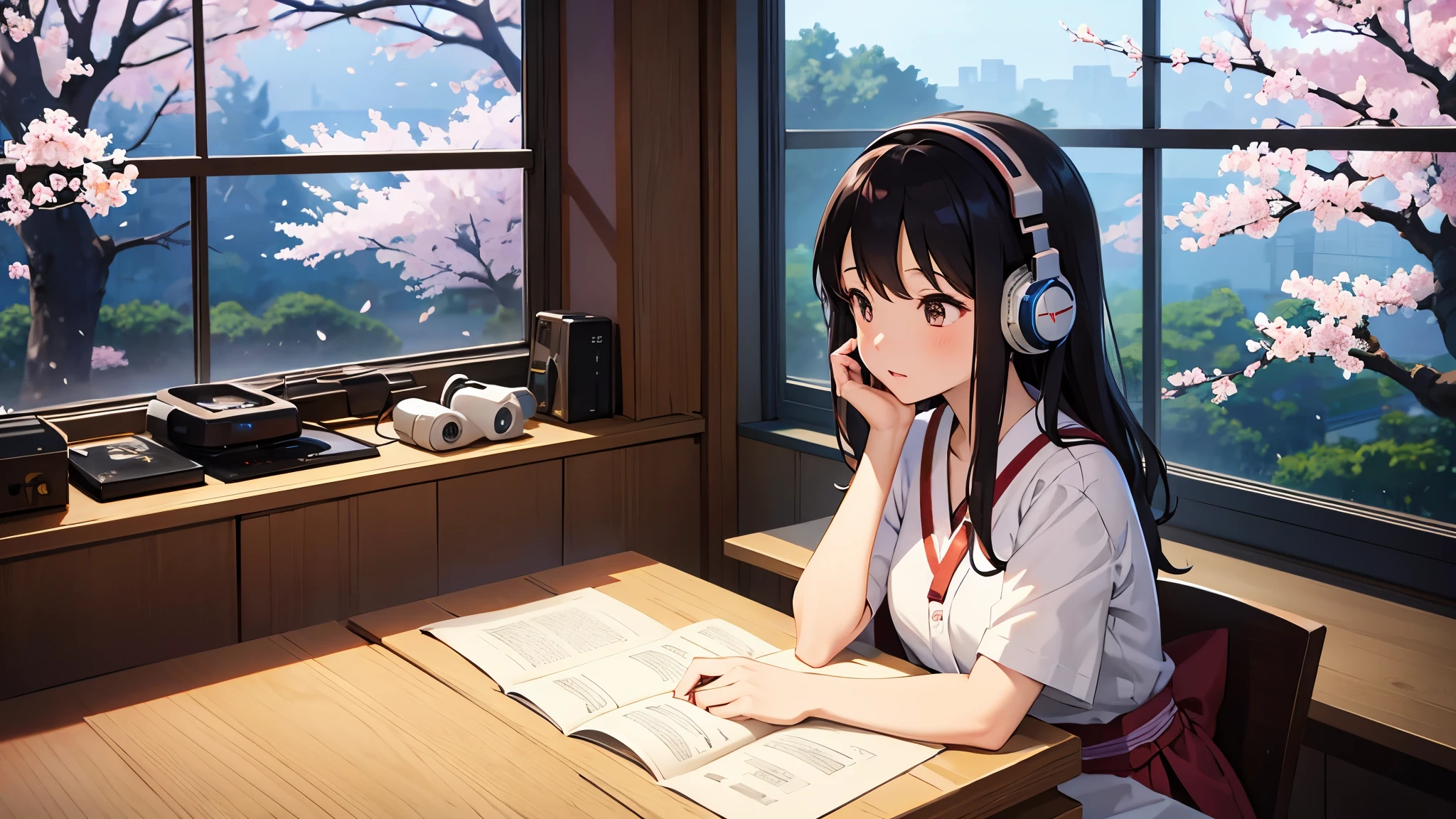 In the style of Japanese Studio Ghibli animation、studying while listening to music through her headphones、Lighting is warm、Outside the large window, cherry blossoms are blooming wildly.、Their hair color is black or brown.