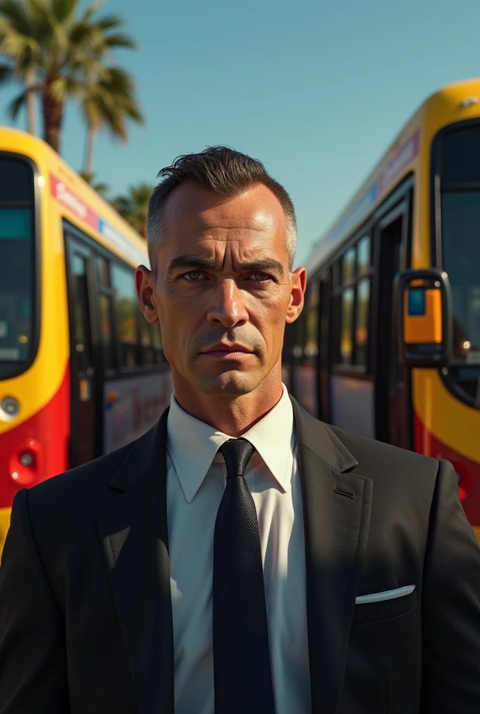 Imagine a Daniel Chacon, he is a businessman, with little hair, high, skinny, White skin. Imagine him next to several Envaca brand bus trucks, not so Chinese, Venezuelan-looking and about