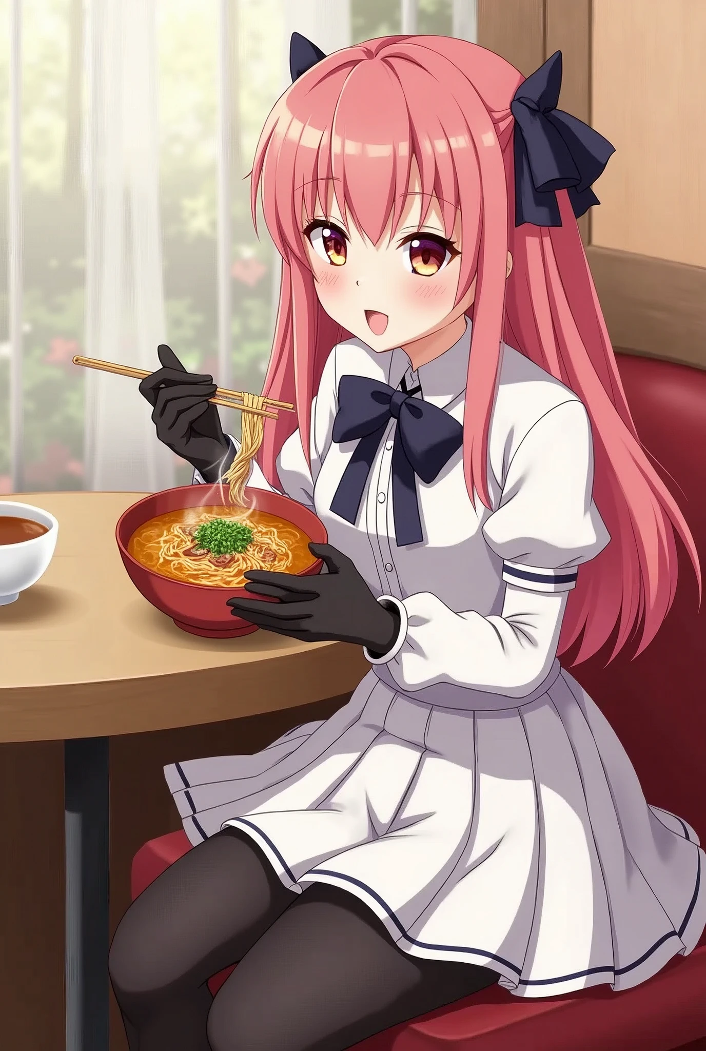 Arte estilo de anime, work of art, Maximum quality, bewitching pose, full body wide angle, ssmile, (sitting down:1.1) ,Ichiraku Ramen, (eating ramen noodles:1.0), holding chopsticks and ramen bowl, eating ramen,, Silent Suzuka (umamusume), black gloves, white skirt, pleatedskirt, black pantyhose, layered sleeves, puffy short sleeves, short sleeves over long sleeves, black bow, Festival,