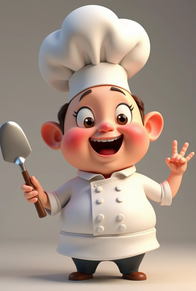 Create a 3D model of a chef in the Pixar style. The chef should have a friendly and charismatic appearance, with exaggerated and expressive features typical of the Pixar style. They should be wearing a white chef's uniform with a large, round chef's hat. The apron should be visibly clean and well-fitting. The chef should be in a dynamic pose, perhaps stirring a pot or holding a spatula with an animated smile on their face.