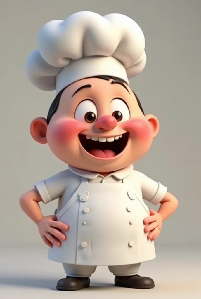 Create a 3D model of a chef in the Pixar style. The chef should have a friendly and charismatic appearance, with exaggerated and expressive features typical of the Pixar style. They should be wearing a white chef's uniform with a large, round chef's hat. The apron should be visibly clean and well-fitting. The chef should be in a dynamic pose, perhaps stirring a pot or holding a spatula with an animated smile on their face. 
