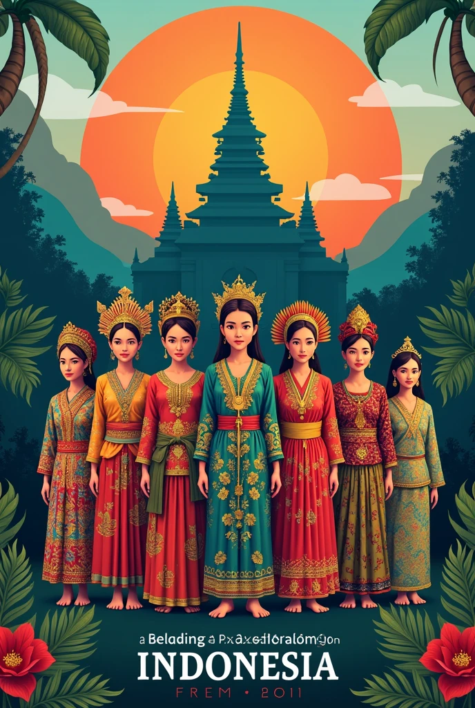 Create a poster featuring people wearing various traditional Indonesian clothes, with the text 'HUT RI ke 79' (Indonesian Independence Day 79th Anniversary).