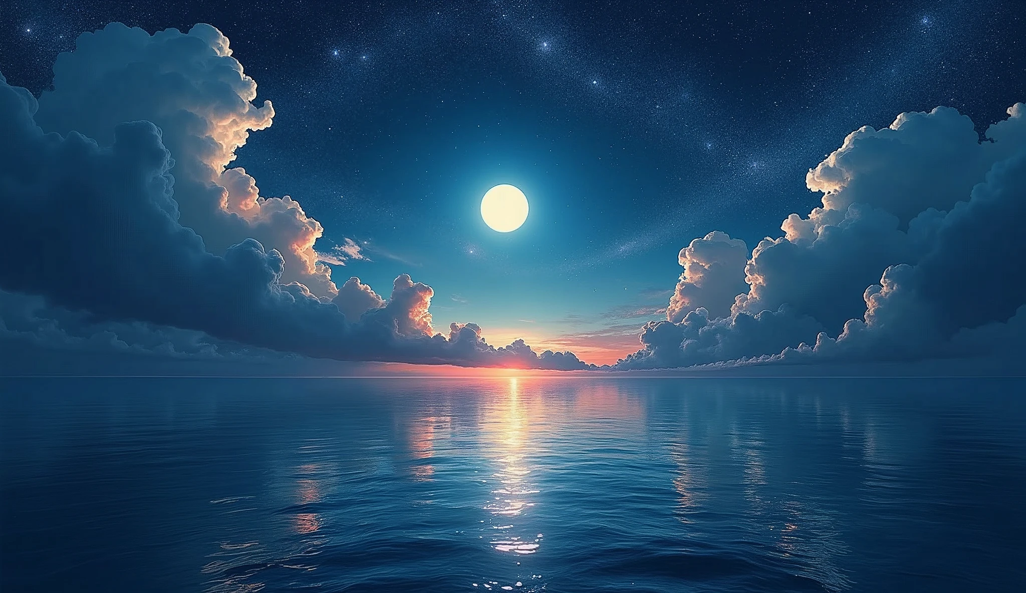The night sky with the moon and a lot of stars is combined with the ocean，Fine portrayal，Beautiful，glomy，Pubic area is clear，be full of details，epic sense，Colorful，Beautiful sky and clouds，A deep，Dark blue，starlights，The picture is dim，horrid，Impresionismo，ultra-clear，estilo fantasia，scifi style，Monet，davinci，albert.Bierstadt，William.Turner