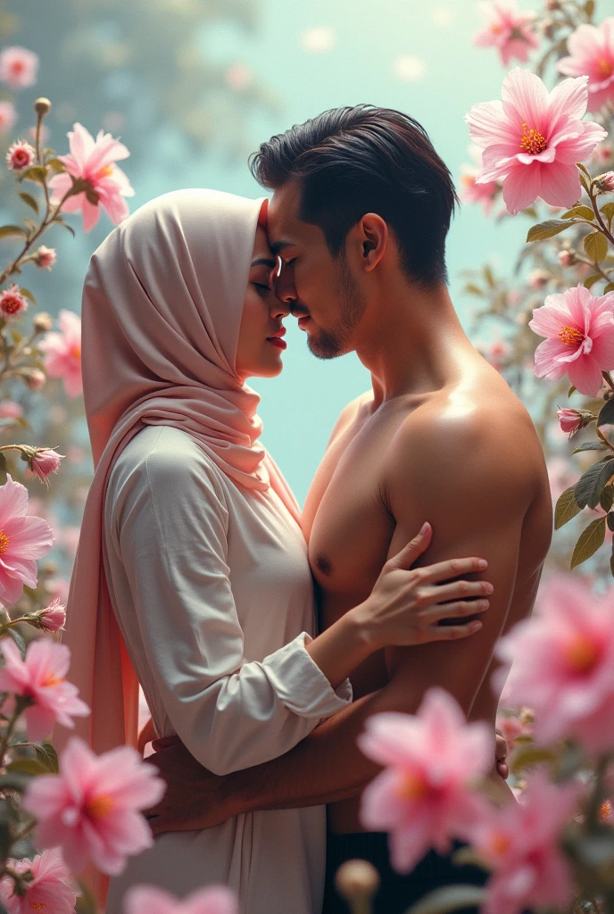 (1 gorgeous malay girl hijab wearing lingerie and bra, wearing plain hijab, she is hugging 1 handsome man 40 years old with slick back hair, he is shirtless and wear shorts) he rubs her crotch against her, dynamic pose, ultra realistic, masterpiece, maximum quality, detailed skin texture, skin pores, film grain, eyes closed, skin marks, moles, highly detailed skin, fantasy flower garden, (flowers blooming densely in background), lisianthus, pale pink and light azure color grading, surreal and dreamy environment, ethereal foliage, high contrast, ink strokes, over exposure, abstract, (watercolor painting by John Berkey and Jeremy Mann, brush strokes), flower petals and leaves flying blown by wind, film grain, film noise, cinematic composition ((STRONG SEXUAL DESIRE))