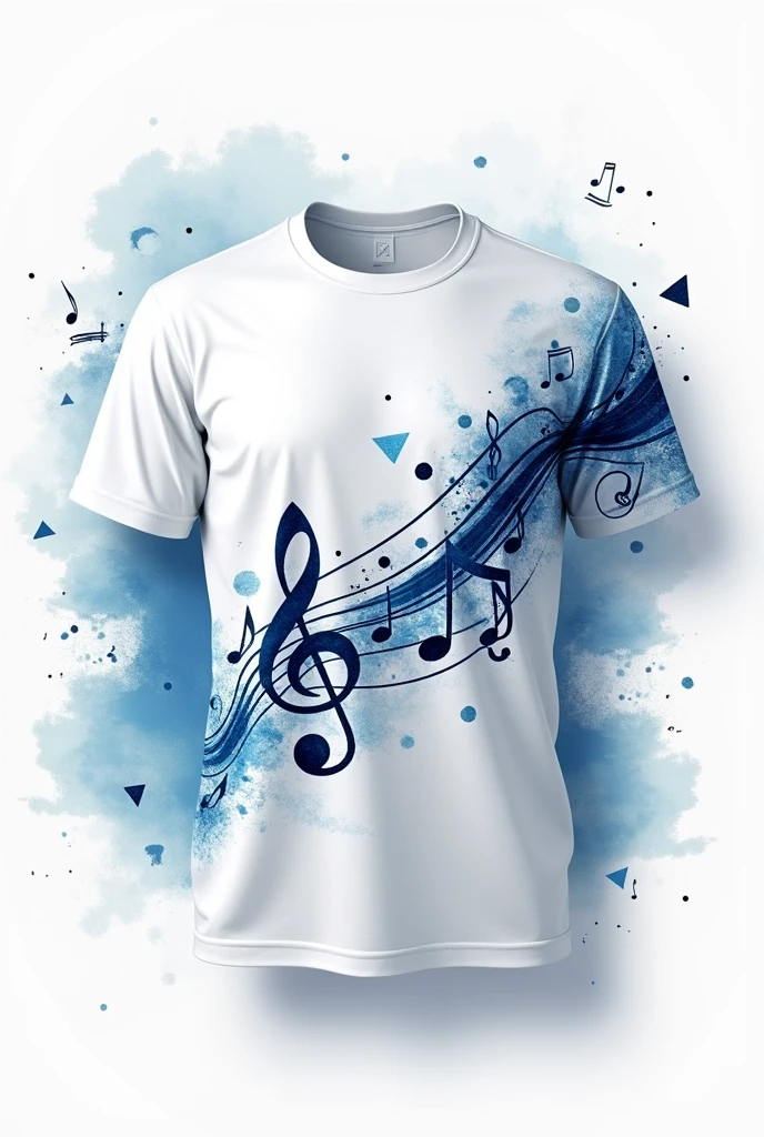 realistic
a white t-shirt mockup front and back with dark blue musical notes accompanied by some details like geometric shapes scattered across the t-shirt with watercolor effect