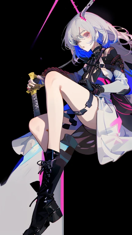 high resolution、High resolution、sharp lines、Girl、Futuristic black sword、Black clothes、Bondage、fine hair、Hiding one eye with hair、Sharp Eye、Jewel-like eyes、Black Background、Fantastic colors、Near future、Facing forward、Small face、Small breasts、Attractive lips、whole body、Long legs、From head to toe、Beautiful legs、Character portrait、They are equipped with weapons.、Armament、A serious face、Black boots、Character portrait、Sharp lines、Clear line art、Standing with your legs apart、9 heads、もっとwhole bodyを描いて、Fantastic Background、A younger、Near futureなArmament、Mystery viewing、Vivid colors、