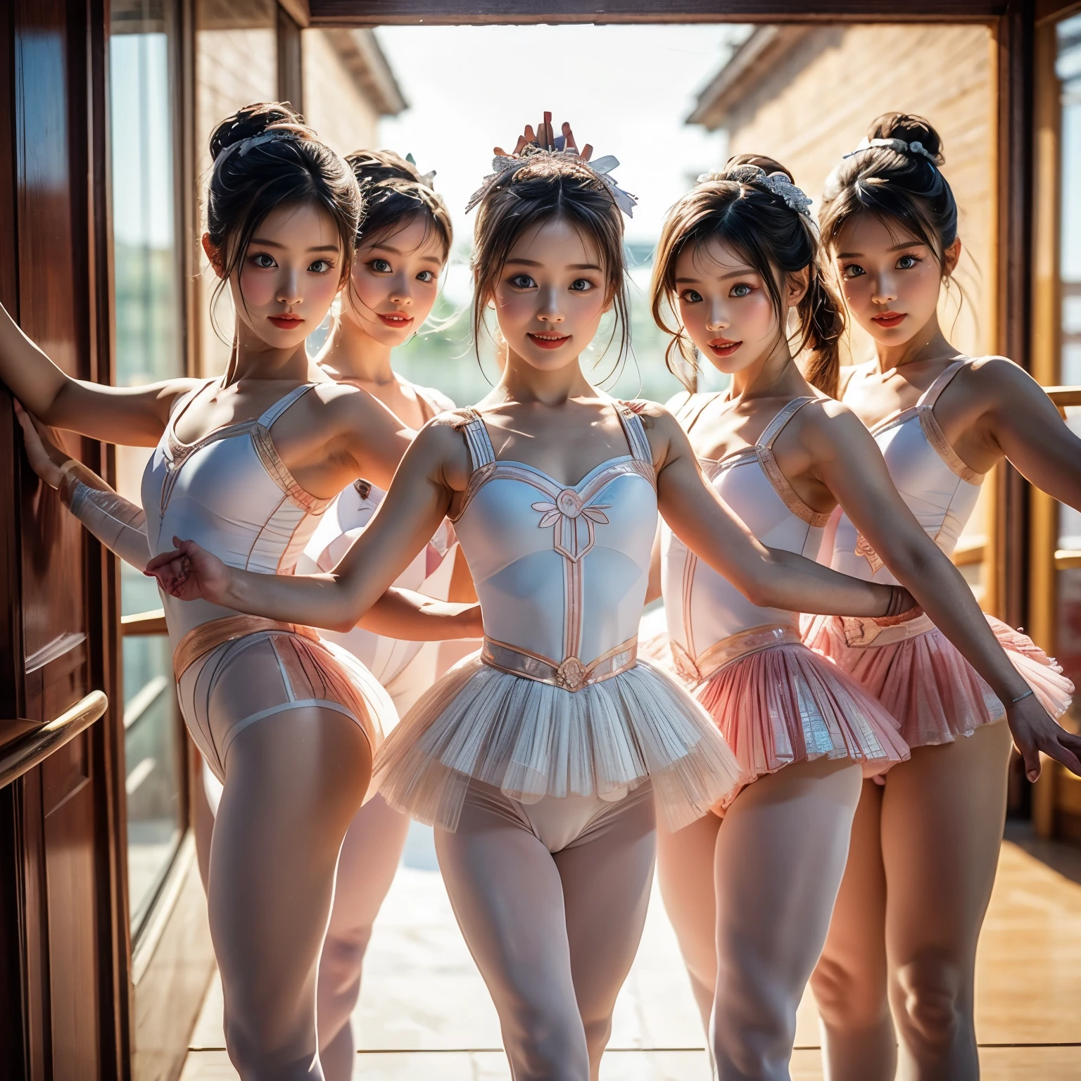 SFW, ExtremelyDetailed (((Kawaii Ballet Girls Group in a row:1.4))), Childish perfect face, Reflective Eyes, Detailed(Delicate Clothing textures), Corrected Leg to Foot Line, Corrected Childish Hand, Dynamic Joyful Expressions LifeLike Rendering, ((Specular Reflection:0.8)), TopQuality 8K Ultra-detailed masterpiece (ProfessionalPhoto:1.37)(Acutance:0.8),(Luminism:1.28), Tyndall Effect, (Muscle:-0.5), facing away (from side ) (Clearly visible Beautiful hip shape)