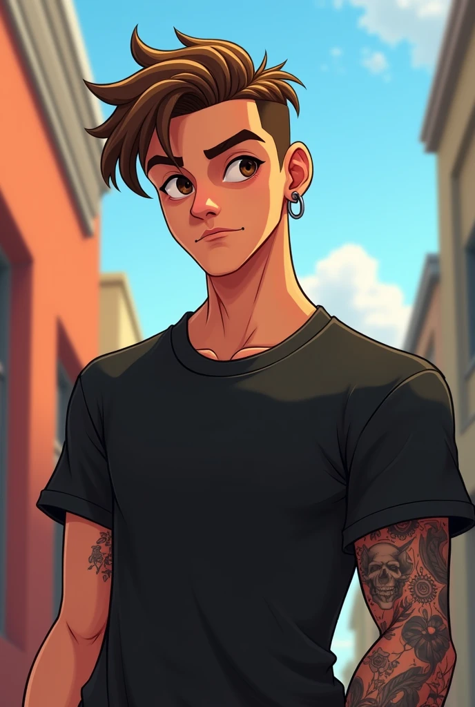 A young man of , with brown short hair, boxy face, and brown eyes, wearing black t-shirt. with tattoo left arm, 3d cartoon, with hoop earring.