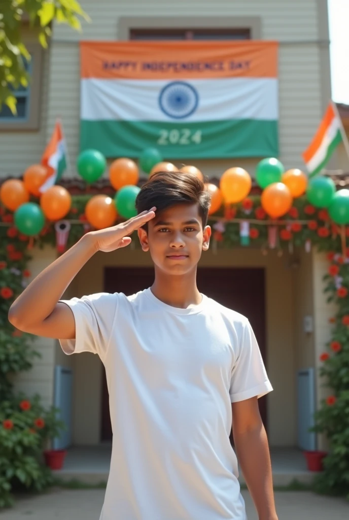 A real 20 year old boy , weariAMAANT-shirt stands in front of a house decorated with Indian flags and tricolor balloons, saluting for an upcoming Independence Day celebration. The house has a large banner that reads "HAPPY INDEPENDENCE DAY 2024 and make sure text should be correct.